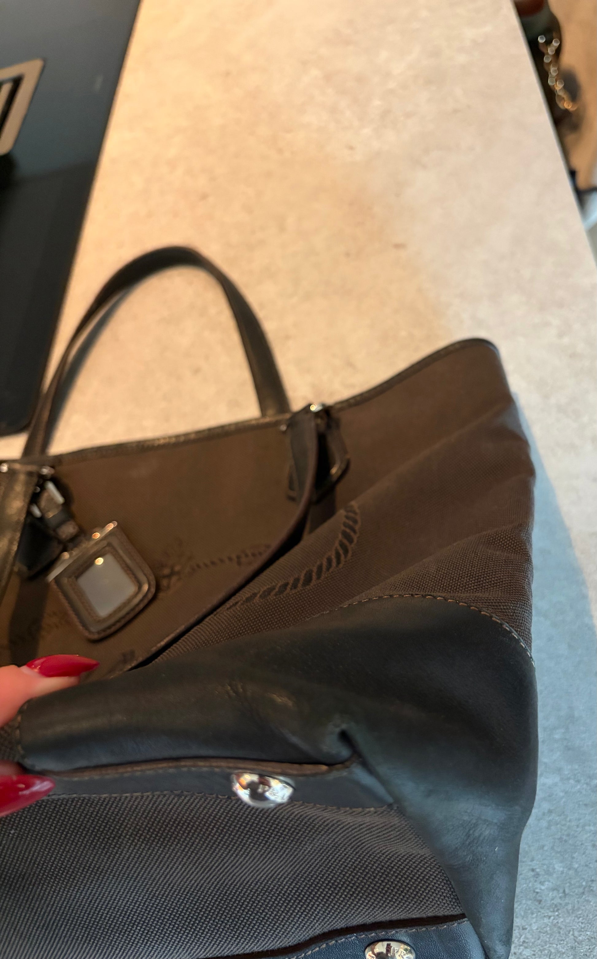 Vintage Prada logo jacquard tote, close-up