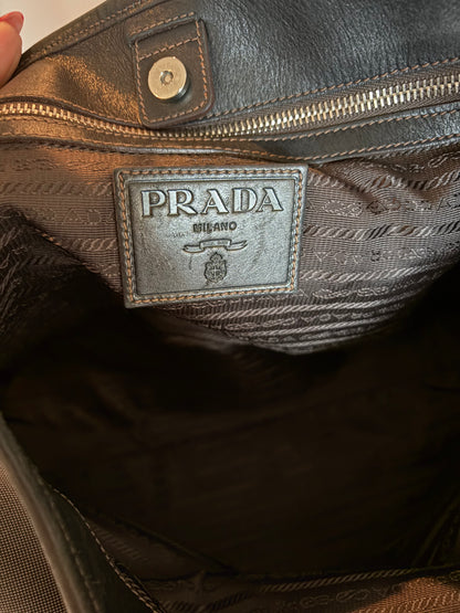 Vintage Prada logo jacquard tote, corner wear detail